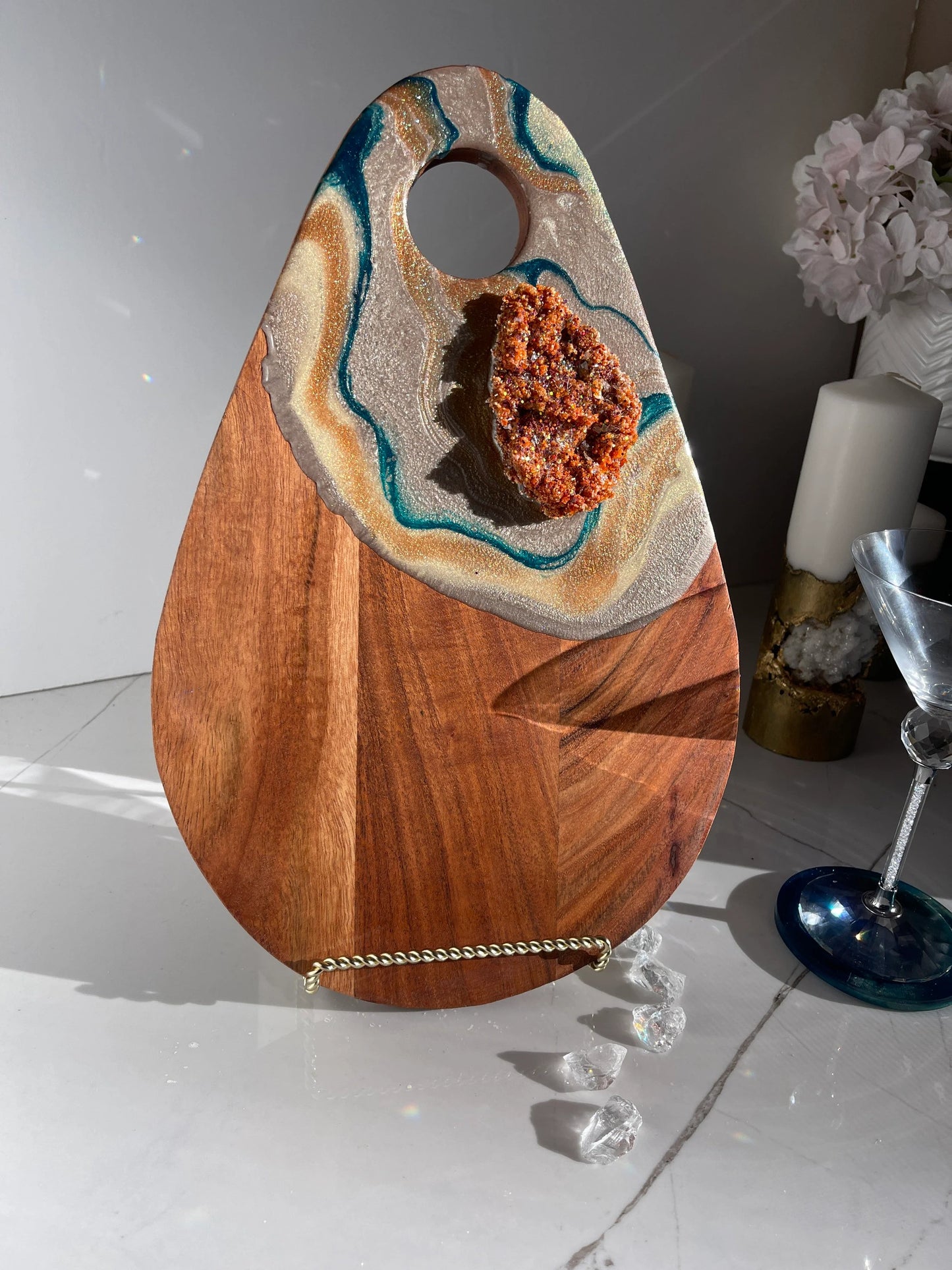 Gold and Teal Color Cheeseboard with Two Round Matching Coaster