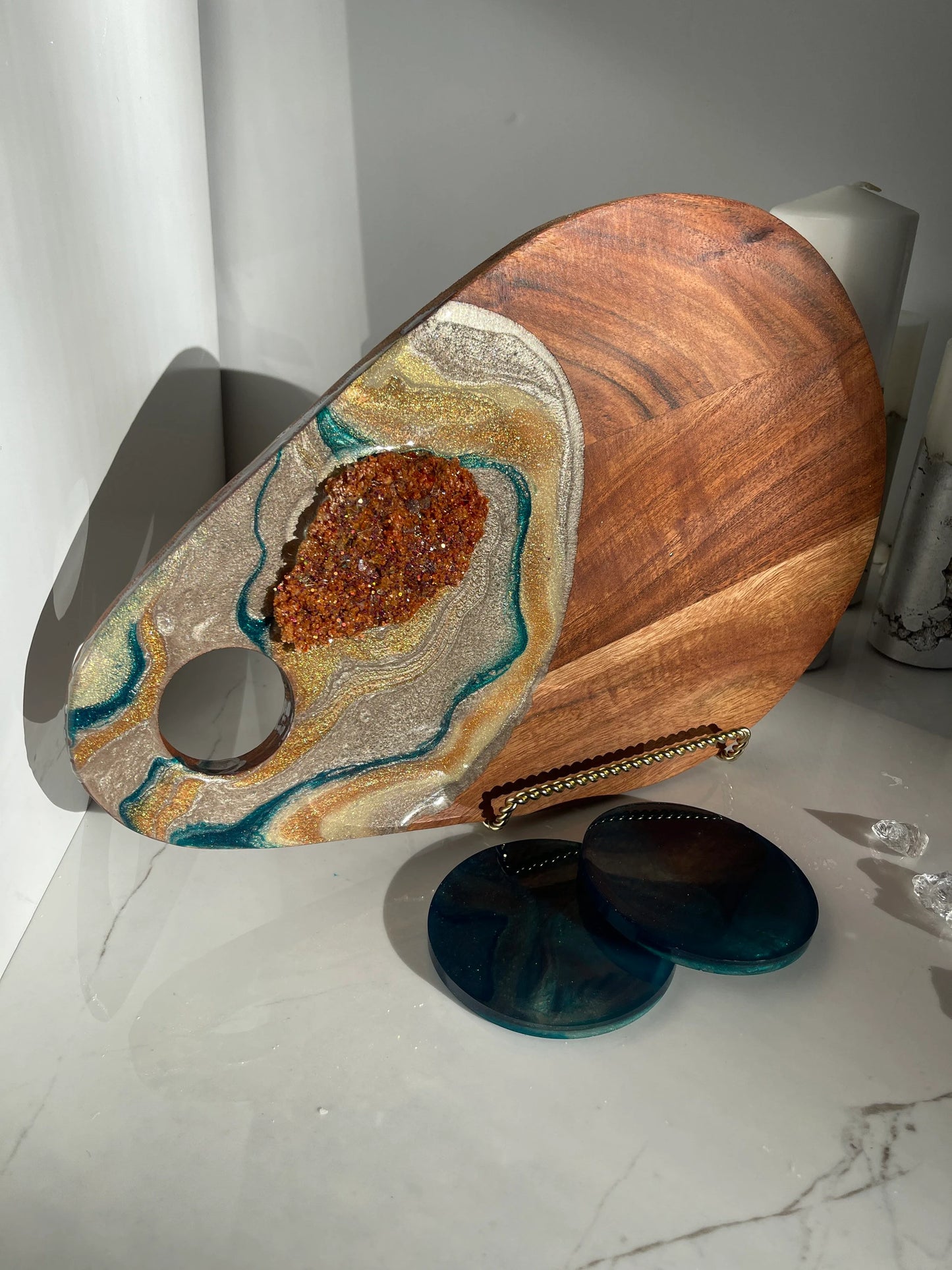 Gold and Teal Color Cheeseboard with Two Round Matching Coaster