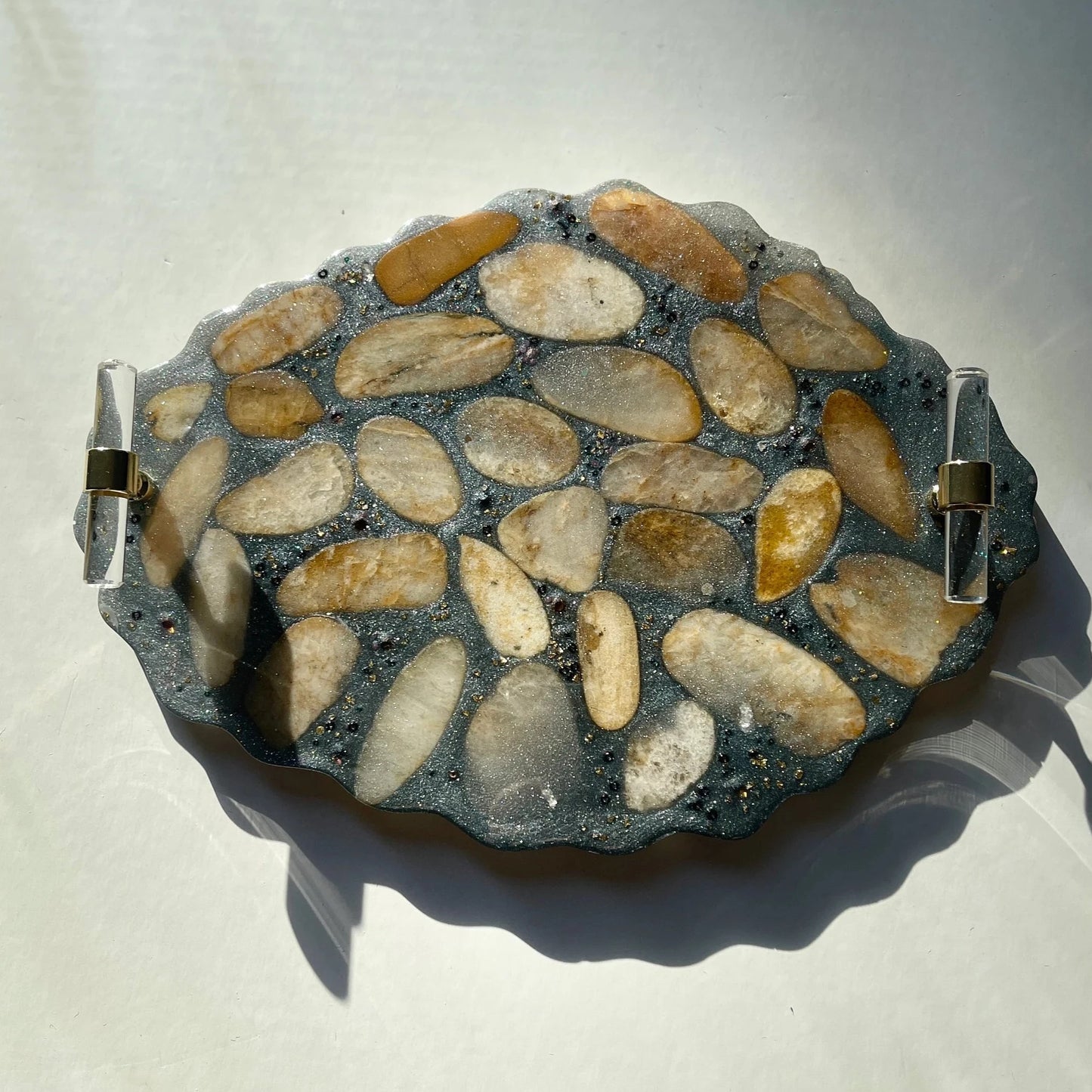 Metallic Silver With Natural Stone Decorative Tray Gold Clear Handles
