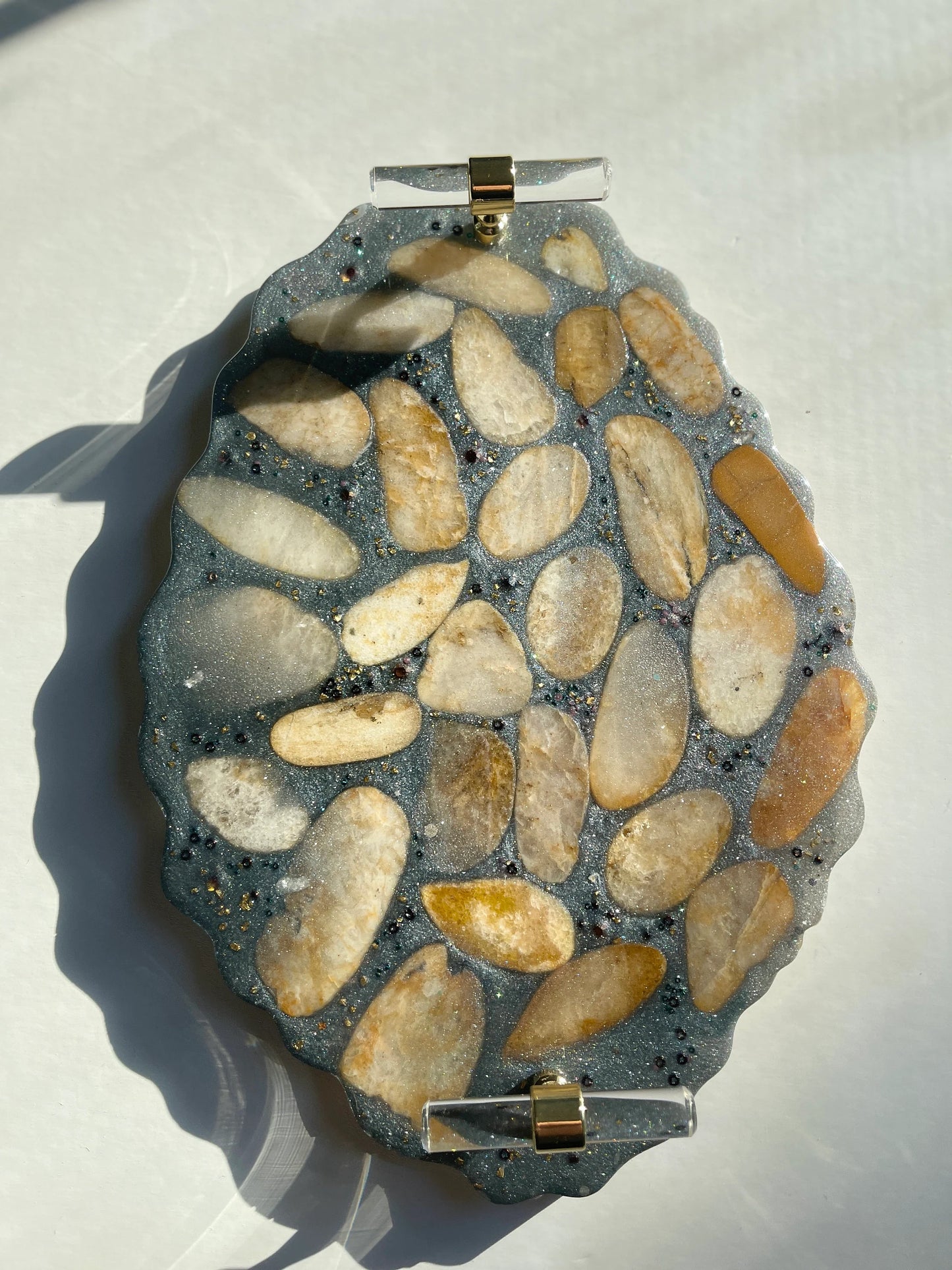 Metallic Silver With Natural Stone Decorative Tray Gold Clear Handles