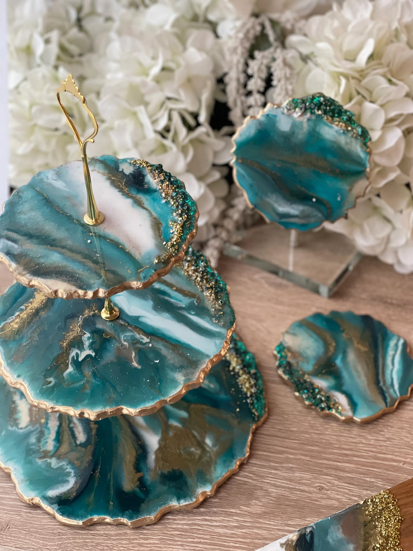 Teal Green & Bronze 3 Tier Round Stand / 2 Coasters / Gift set !!