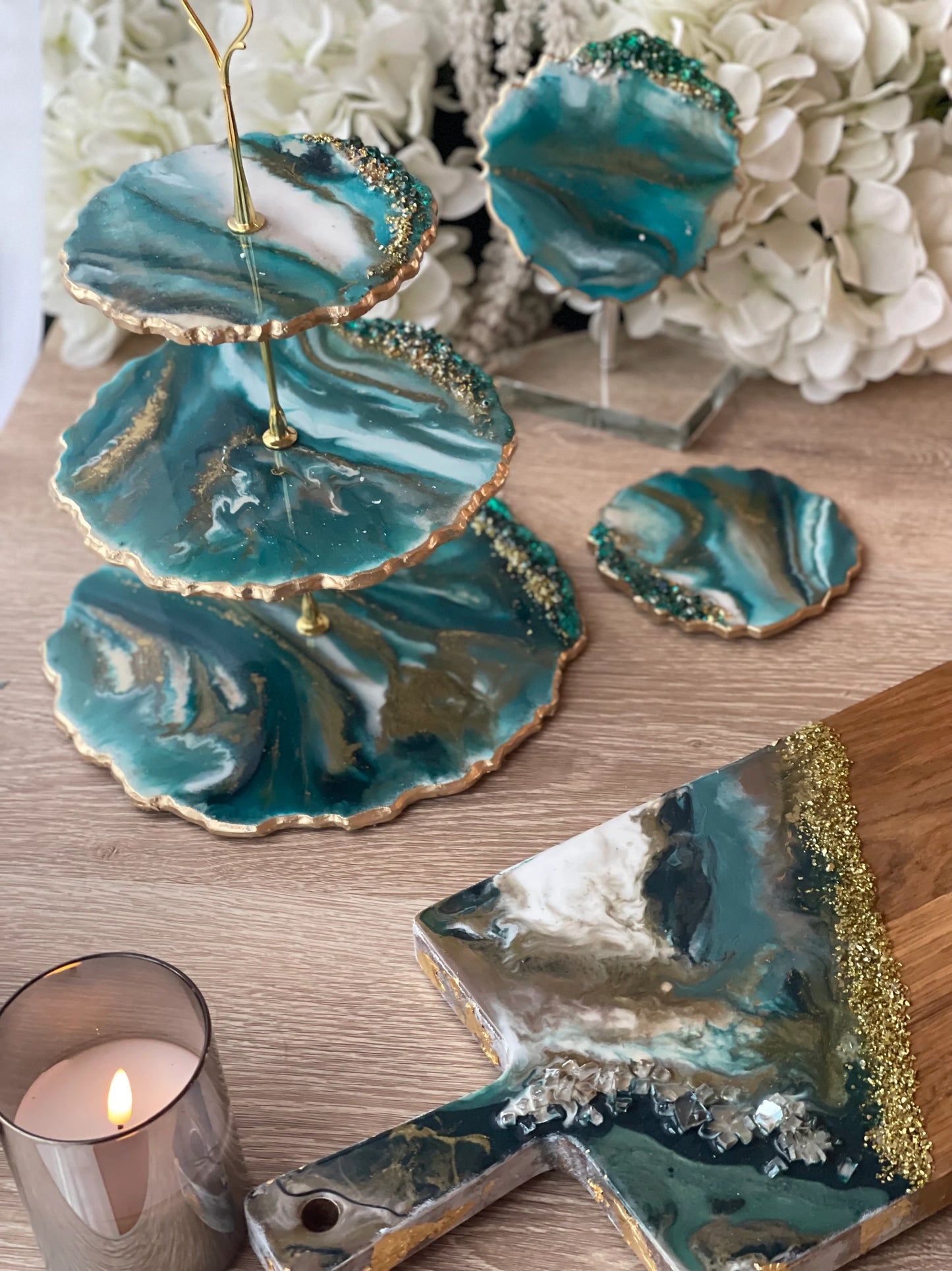 Teal Green & Bronze 3 Tier Round Stand / 2 Coasters / Gift set !!