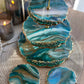 Teal Green & Bronze 3 Tier Round Stand / 2 Coasters / Gift set !!