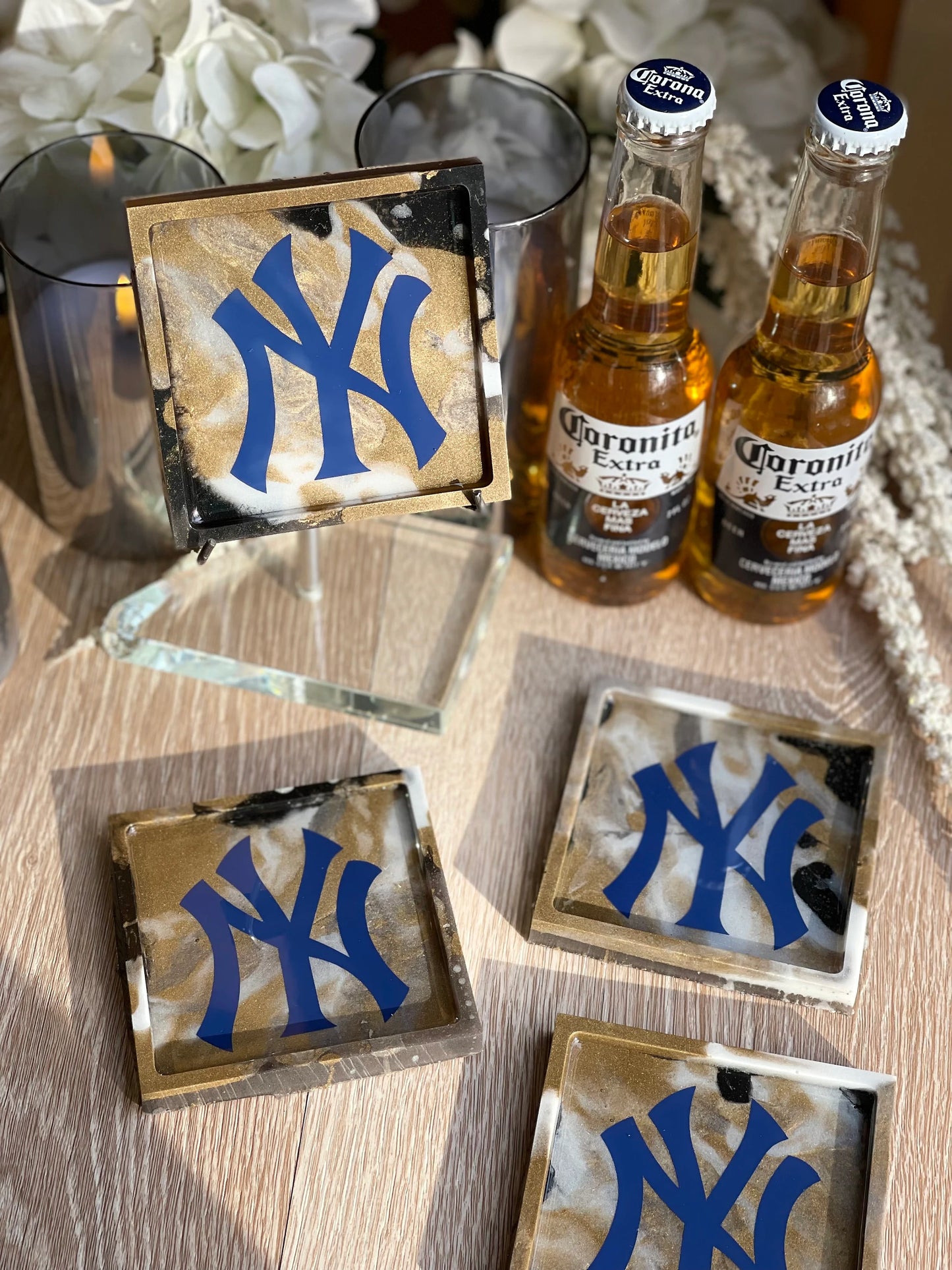 Sports Coasters, New York Yankee's Fan Dream!!! One of a Kind Set of 4 Yankee's Coasters with Beautiful Marble Design