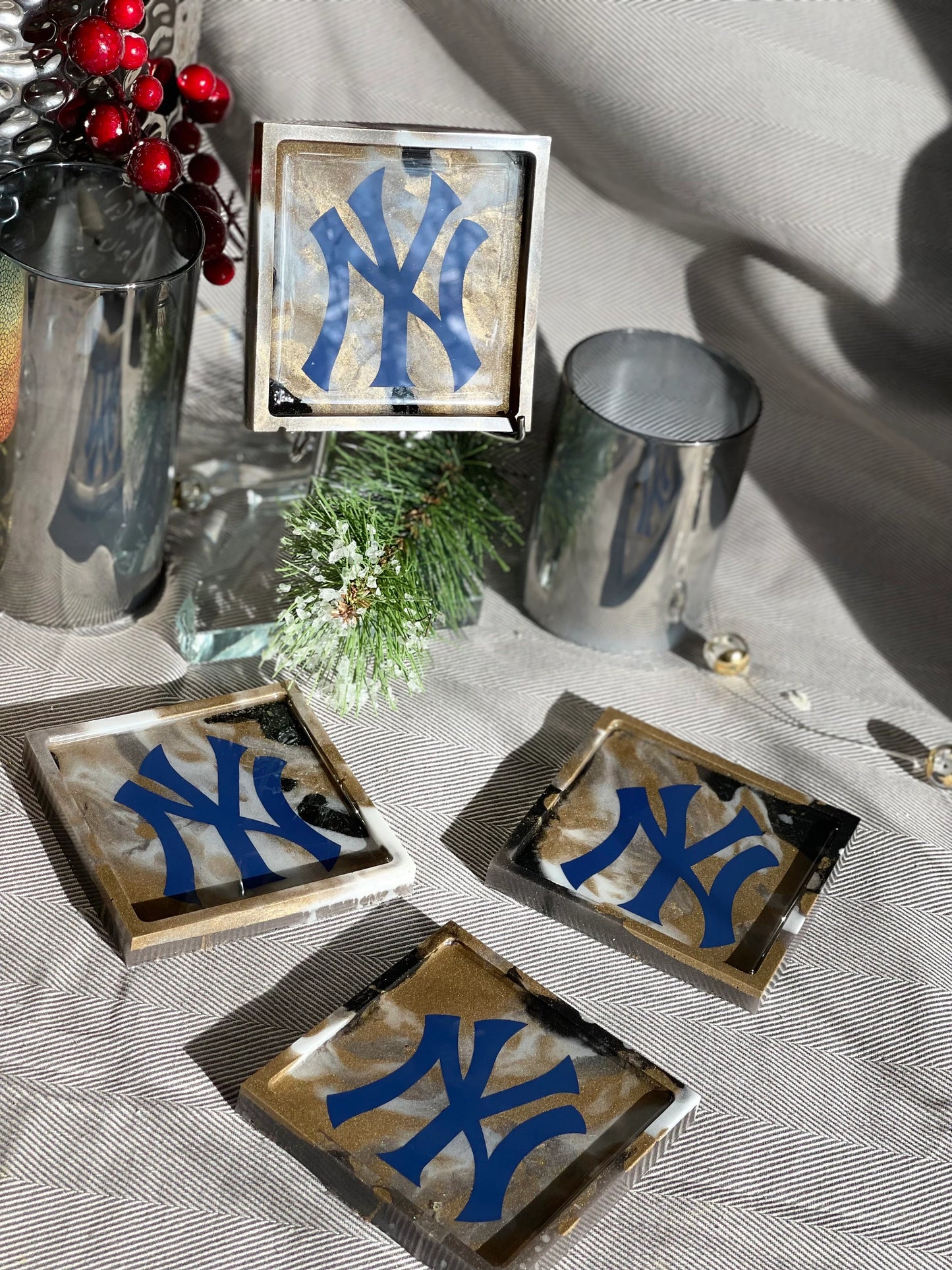 Sports Coasters, New York Yankee's Fan Dream!!! One of a Kind Set of 4 Yankee's Coasters with Beautiful Marble Design