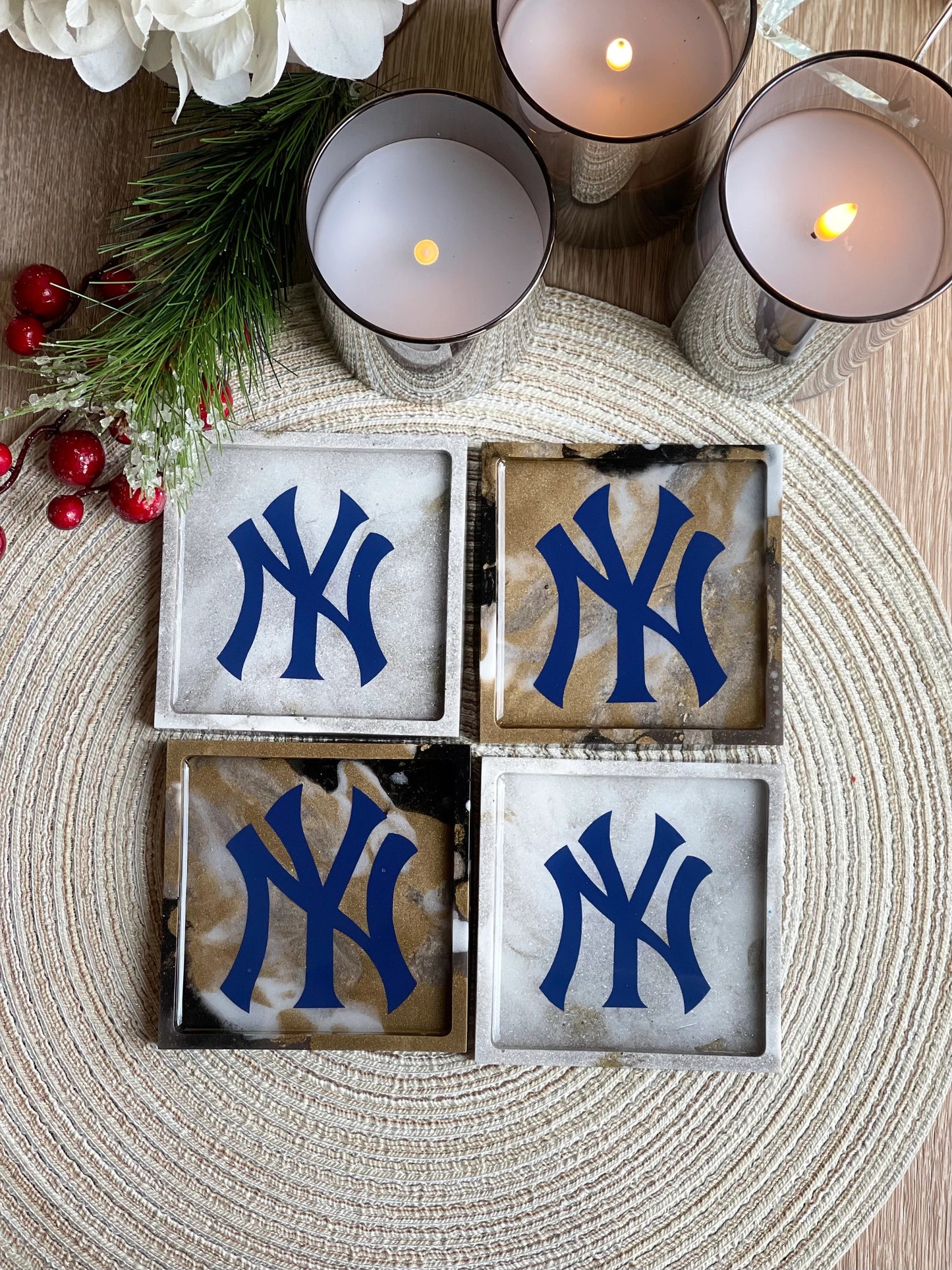 Sports Coasters, New York Yankee's Fan Dream!!! One of a Kind Set of 4 Yankee's Coasters with Beautiful Marble Design