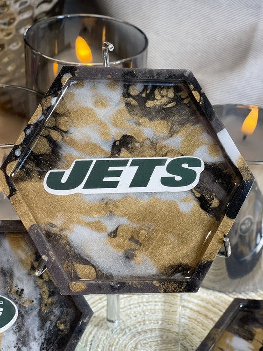 Sports Coasters Jet's Fan Dream!!! One of a Kind Set of 4 Jets Coasters with a Beautiful Brown Gold Marble Design