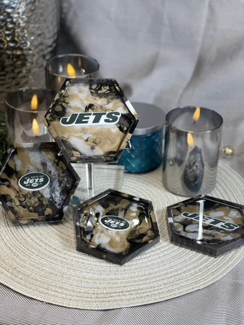 Sports Coasters Jet's Fan Dream!!! One of a Kind Set of 4 Jets Coasters with a Beautiful Brown Gold Marble Design