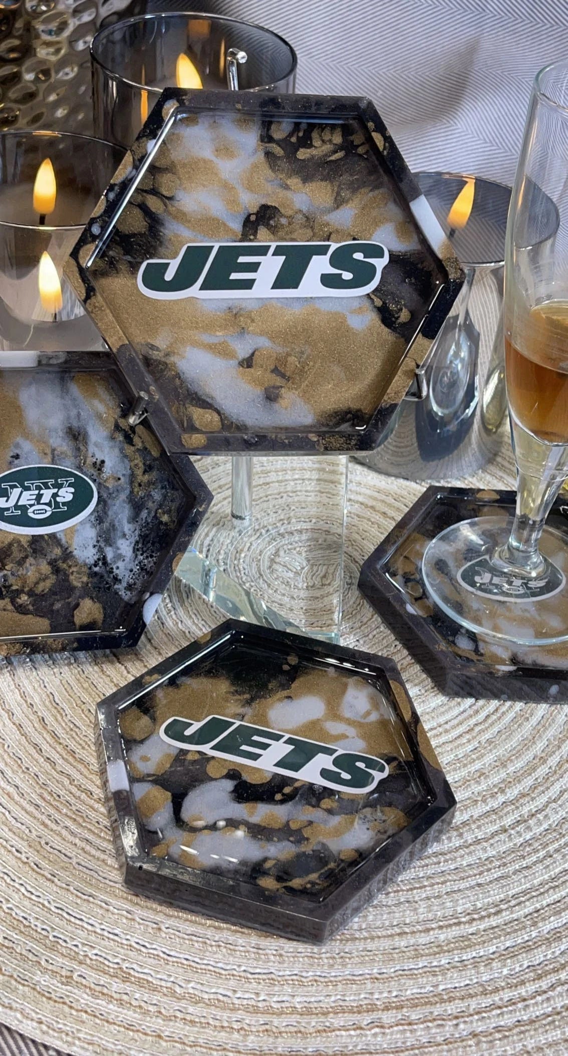 Sports Coasters Jet's Fan Dream!!! One of a Kind Set of 4 Jets Coasters with a Beautiful Brown Gold Marble Design