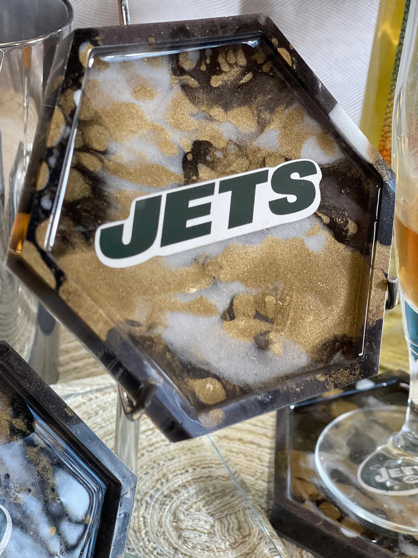 Sports Coasters Jet's Fan Dream!!! One of a Kind Set of 4 Jets Coasters with a Beautiful Brown Gold Marble Design