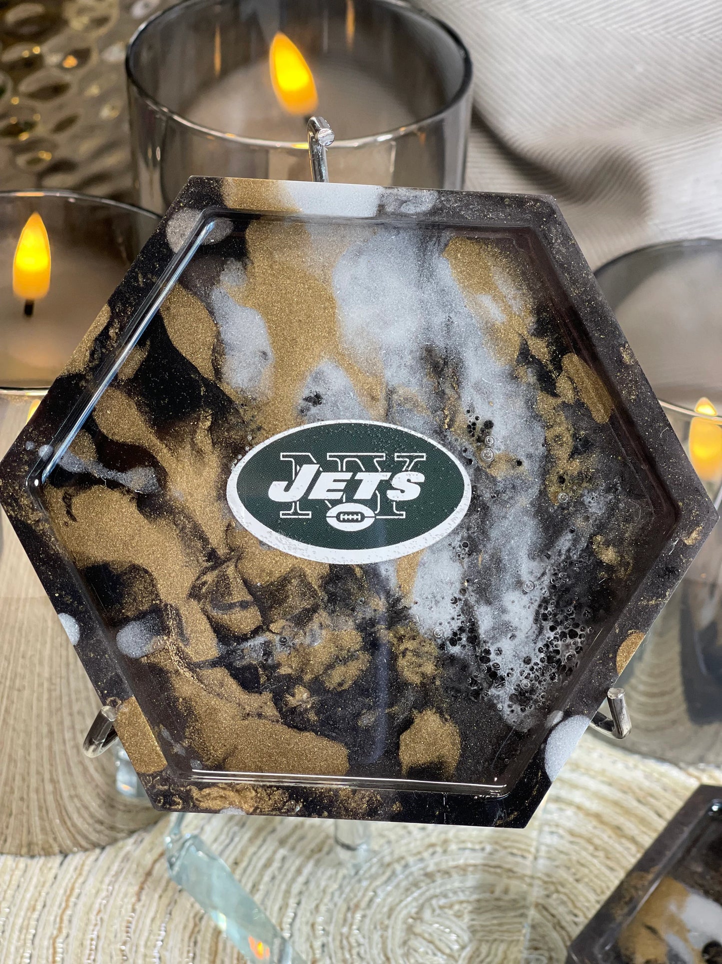 Sports Coasters Jet's Fan Dream!!! One of a Kind Set of 4 Jets Coasters with a Beautiful Brown Gold Marble Design