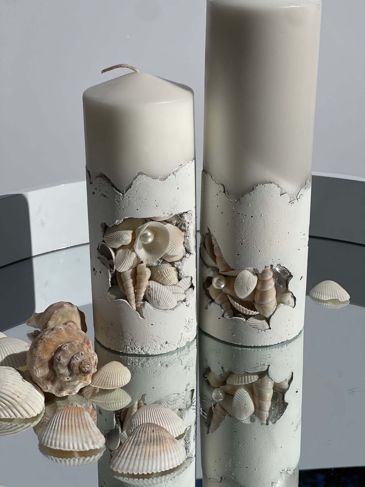 Luxury White Seashells Concrete pillar Candles Set of 2