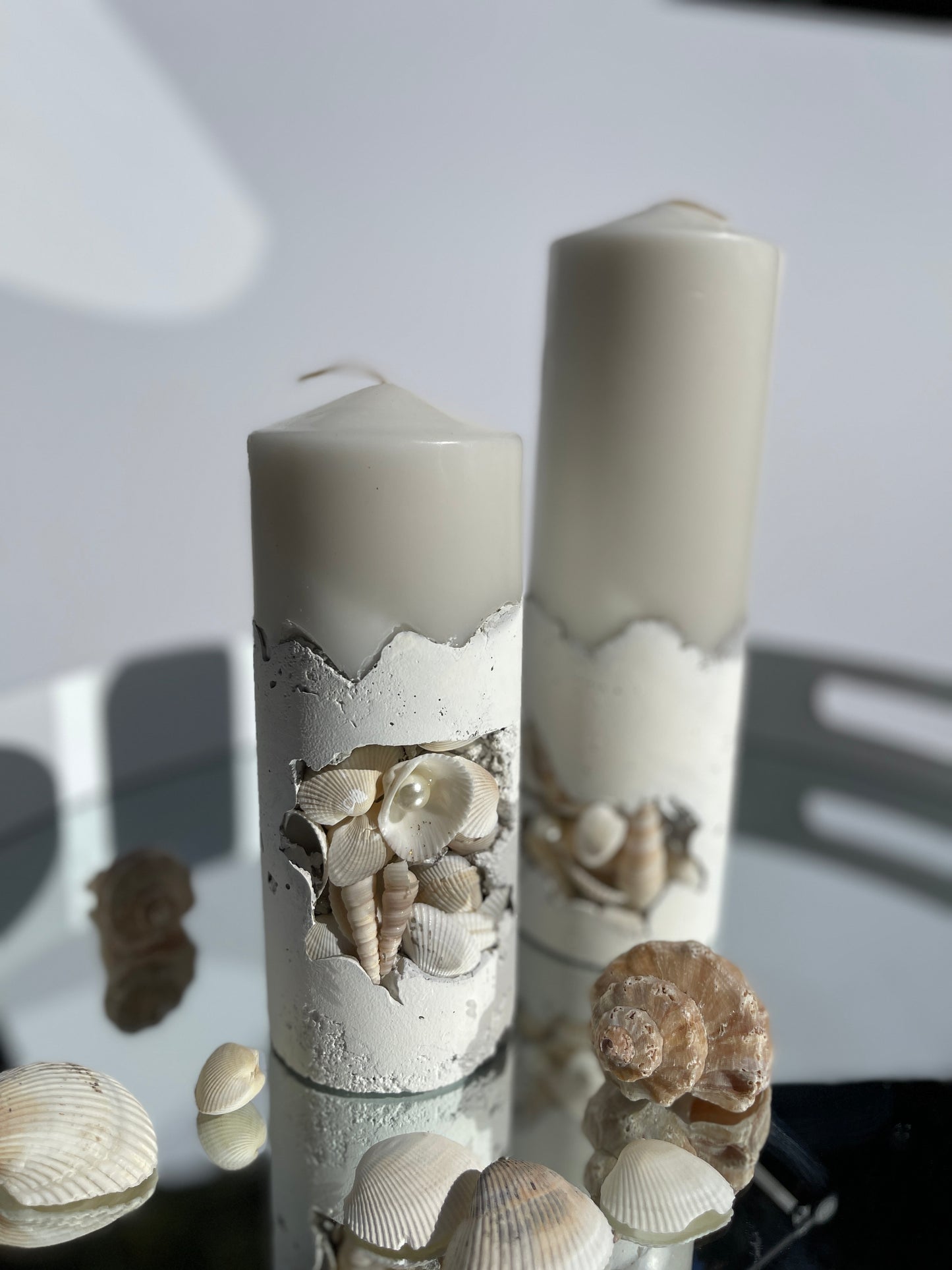 Luxury White Seashells Concrete pillar Candles Set of 2