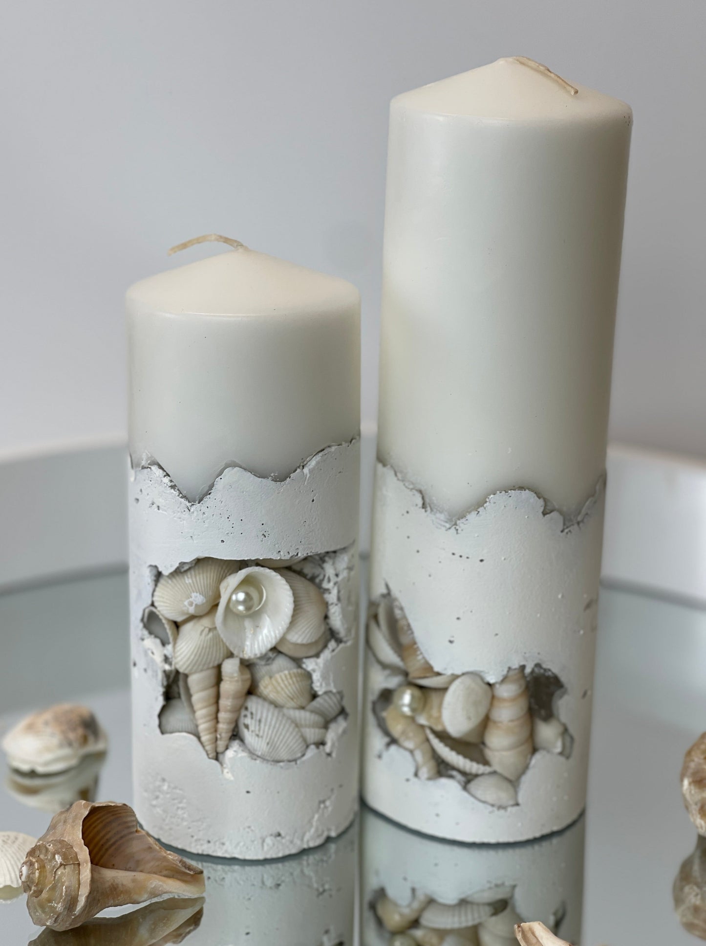 Luxury White Seashells Concrete pillar Candles Set of 2