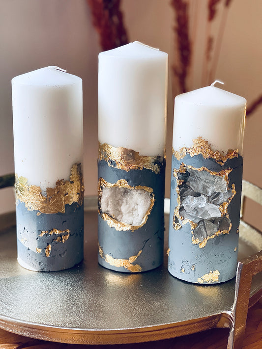 Luxury Crystal Gray and Gold with Crystals Concrete Pillar Candles Set