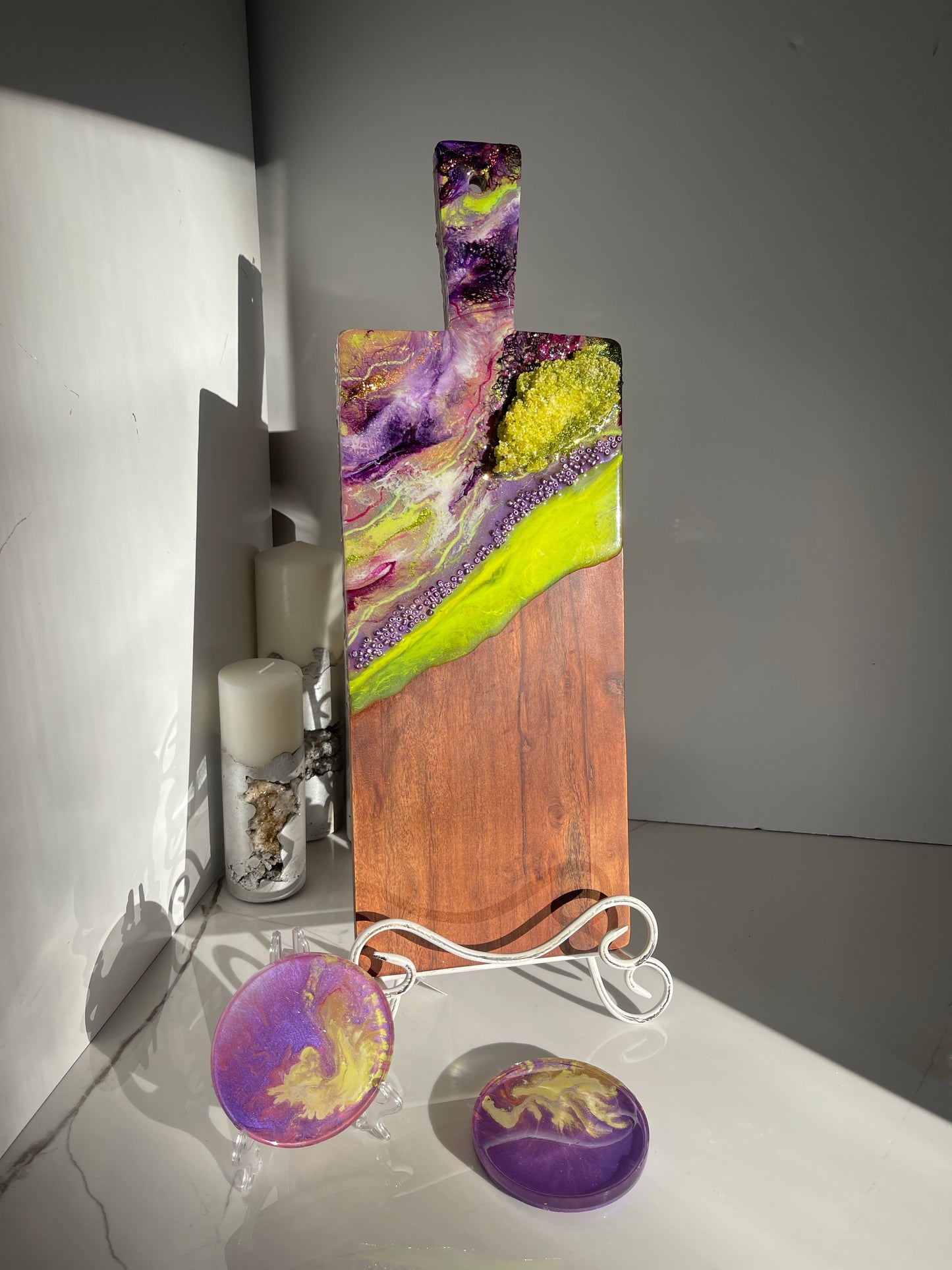 Purple and Lime Green Geode Marble Design Cheeseboard