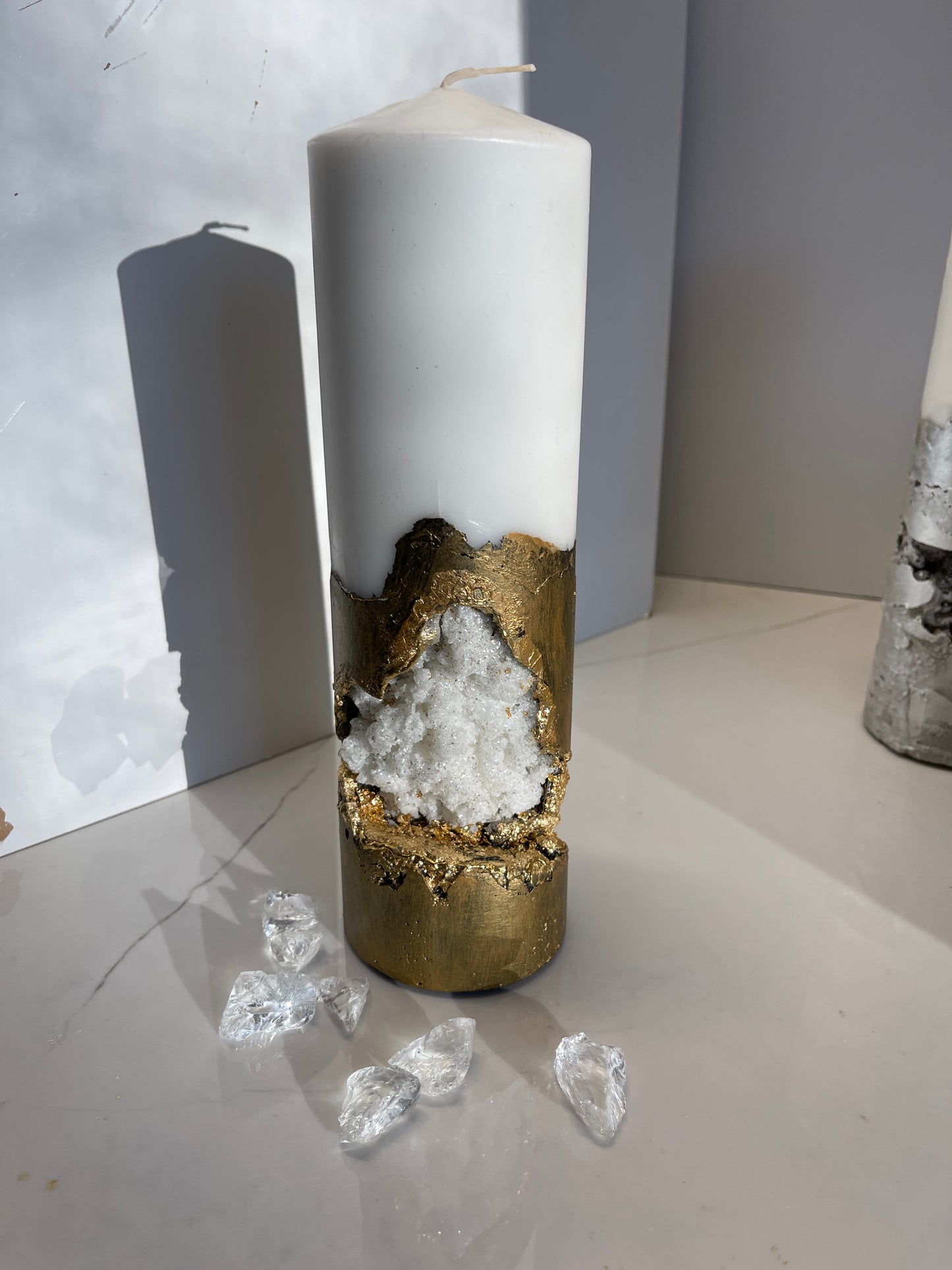 Luxury Crystal Rustic Gold with Crystals Concrete Pillar Candle