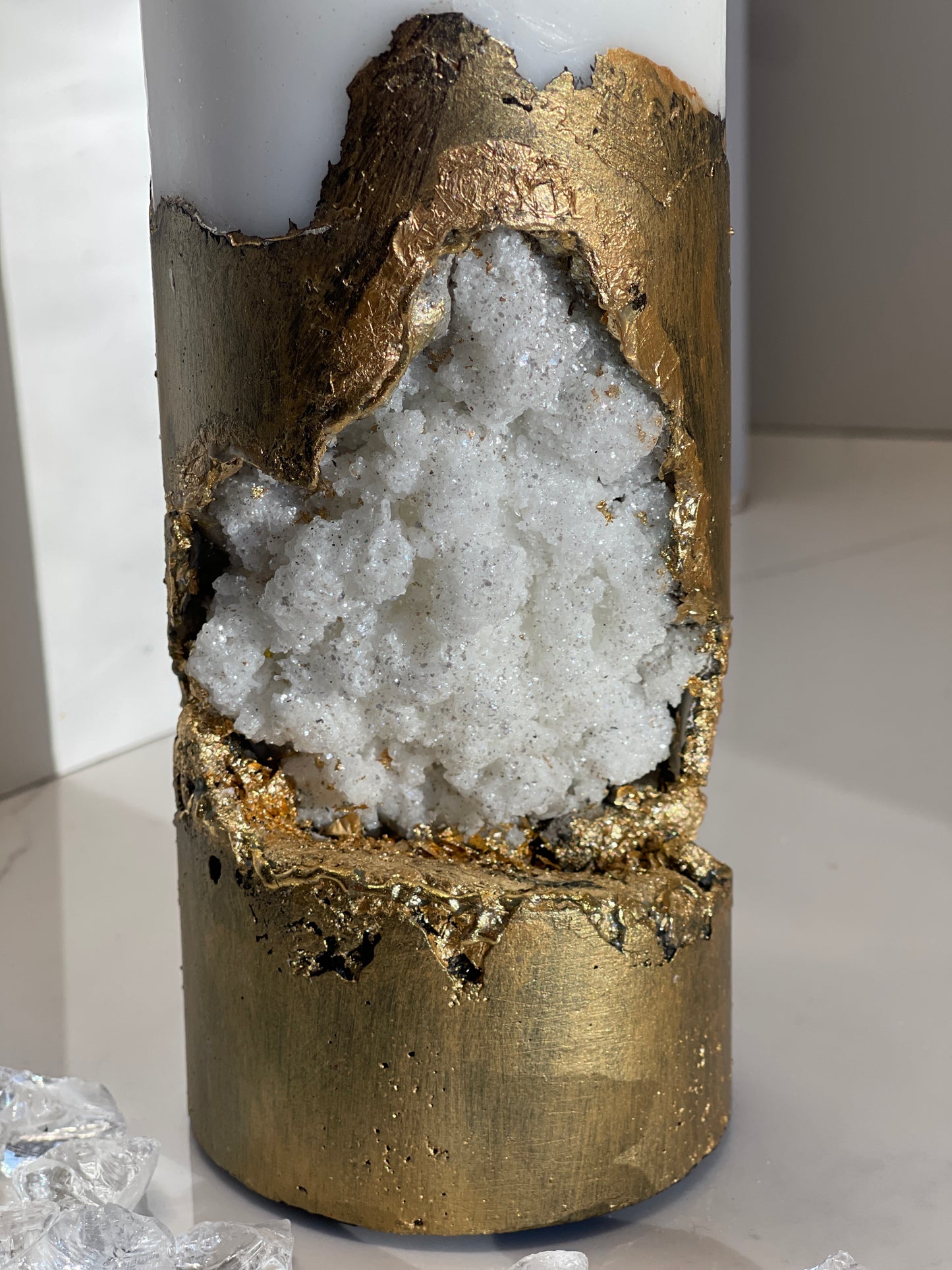 Luxury Crystal Rustic Gold with Crystals Concrete Pillar Candle