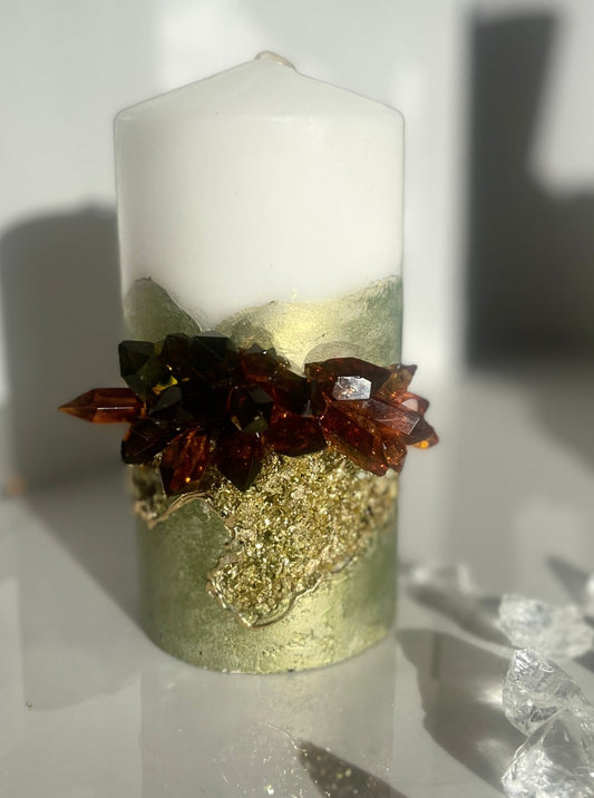 Iridescent Green and Gold Crystal Concrete Pillar Candle