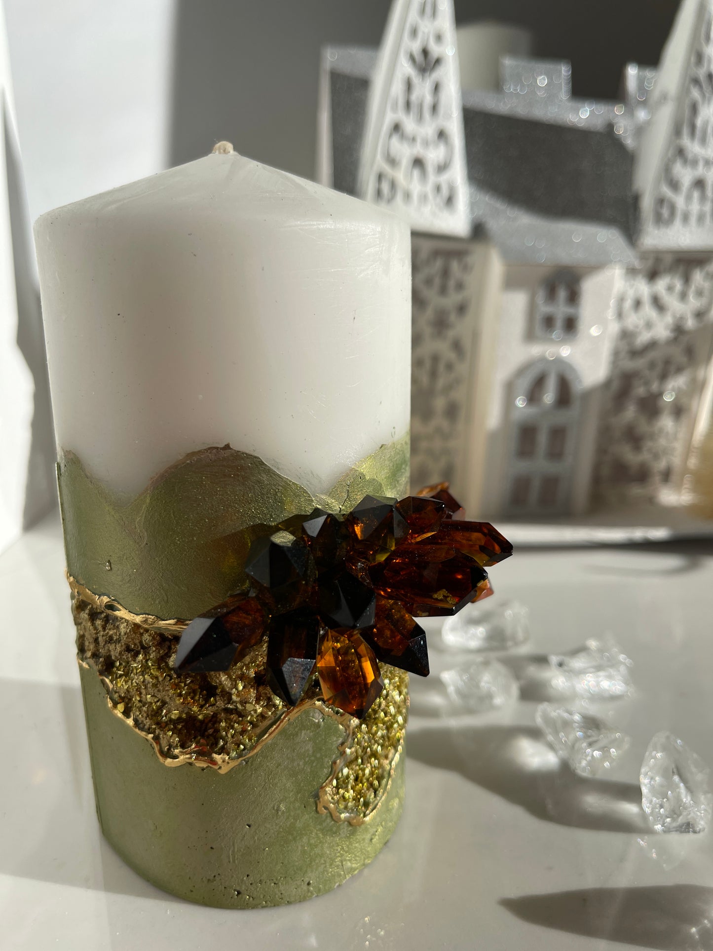 Iridescent Green and Gold Crystal Concrete Pillar Candle