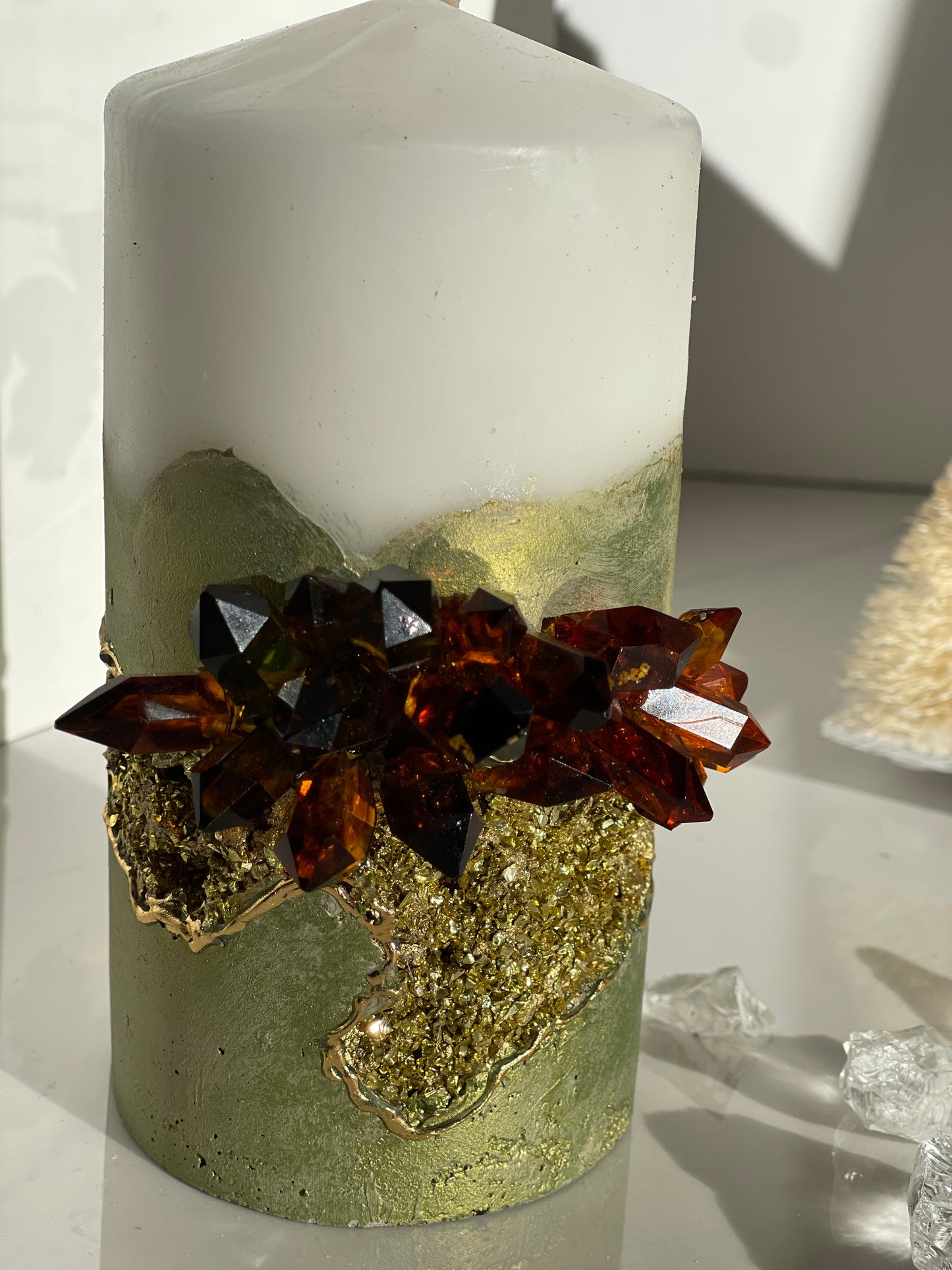 Iridescent Green and Gold Crystal Concrete Pillar Candle