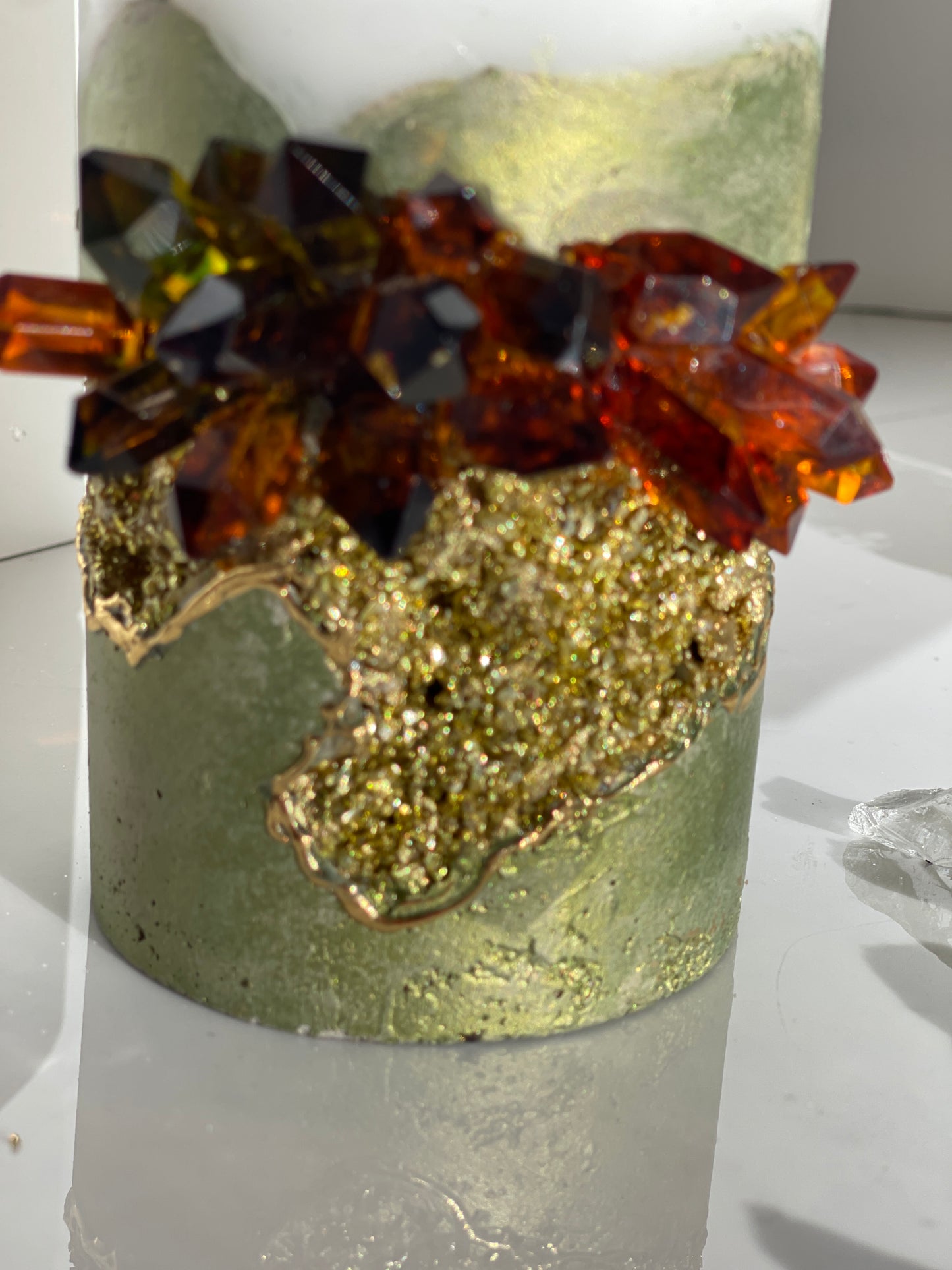 Iridescent Green and Gold Crystal Concrete Pillar Candle