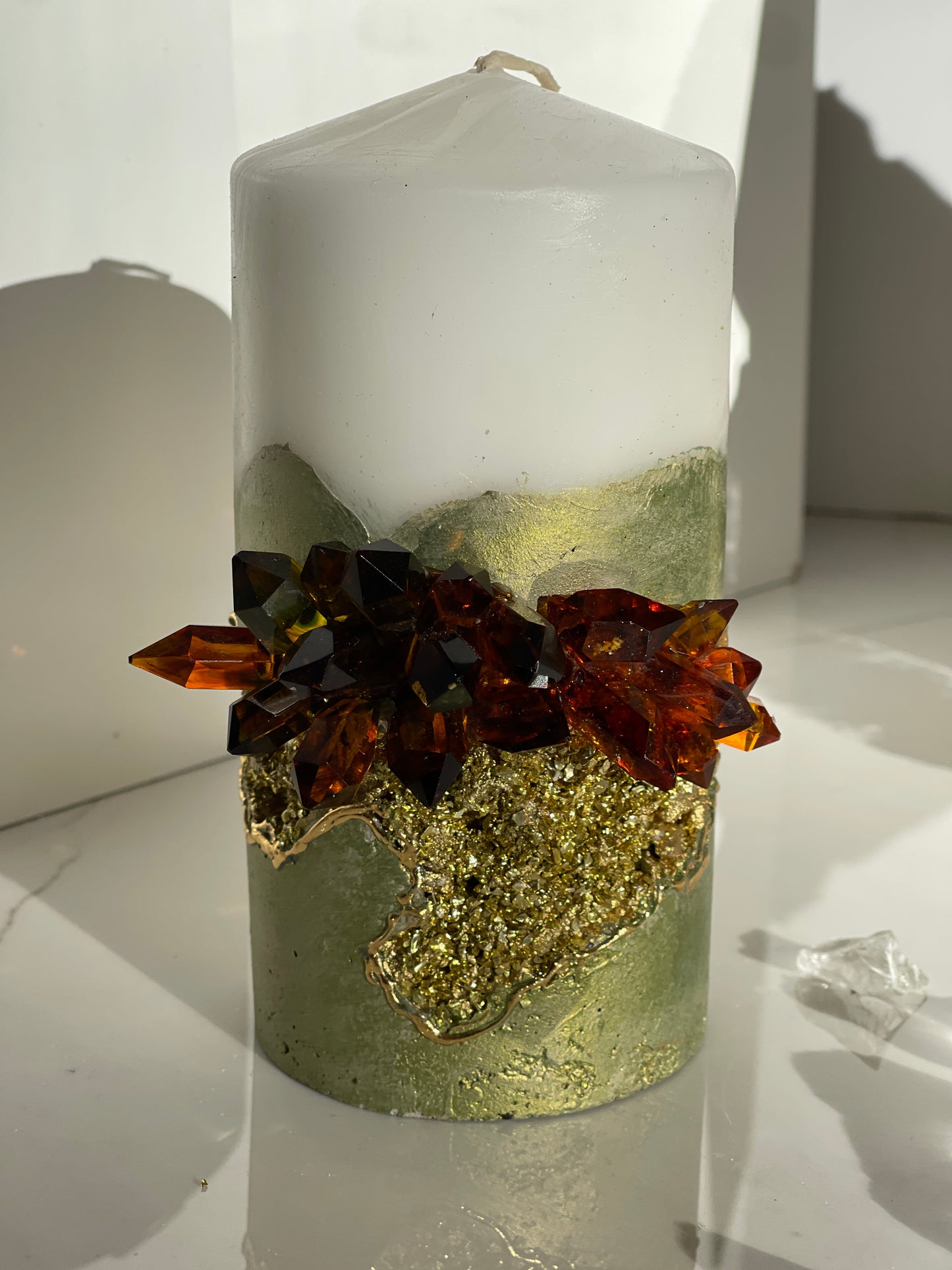 Iridescent Green and Gold Crystal Concrete Pillar Candle